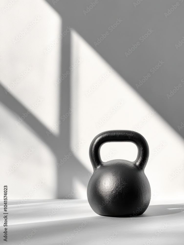 Poster a black kettlebell sits on the surface, illuminated by natural light, casting distinct shadows from 