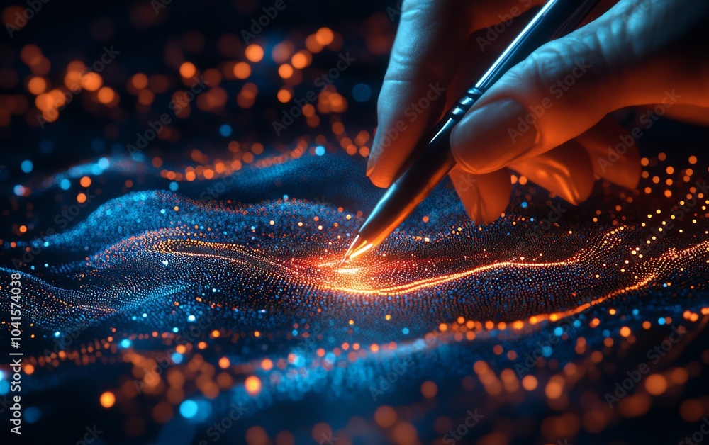 Leinwandbilder 3d visualization of a hand wielding a pen, interacting with luminous digital data on a dark backdrop