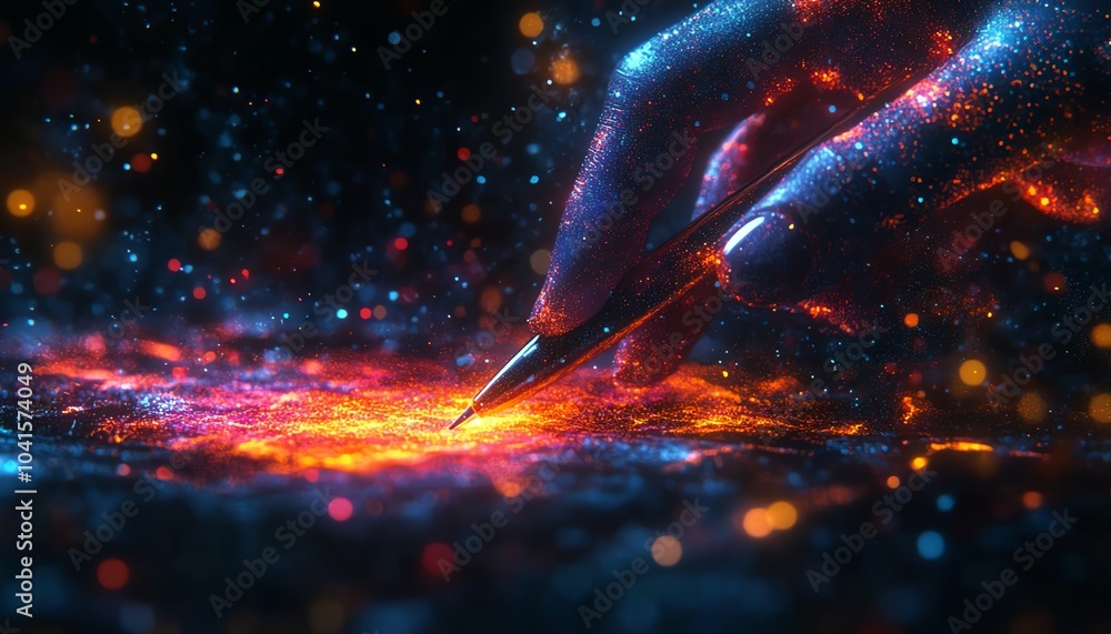 Leinwandbilder 3d visualization of a hand holding a pen, interacting with abstract digital data visuals on a dark b