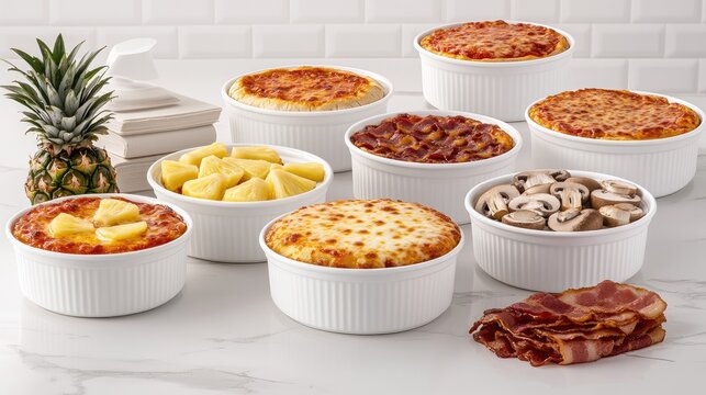 Small white ramekins showcase various pizza recipes with toppings like mushrooms, pineapple, bacon, and mozzarella cheese