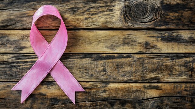 Pink ribbon on a rustic wooden background symbolizing breast cancer awareness with warm tones representing a handcrafted support concept for women s health initiatives