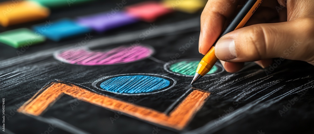 Aufkleber business professional sketching charts and graphs on a blackboard in a presentation setting, 3d visu