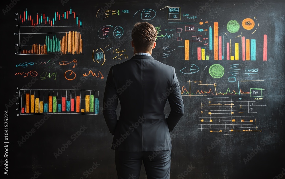 Leinwandbilder 3D rendering of a business professional illustrating key data on a blackboard, featuring charts and graphs, modern presentation style, dynamic composition