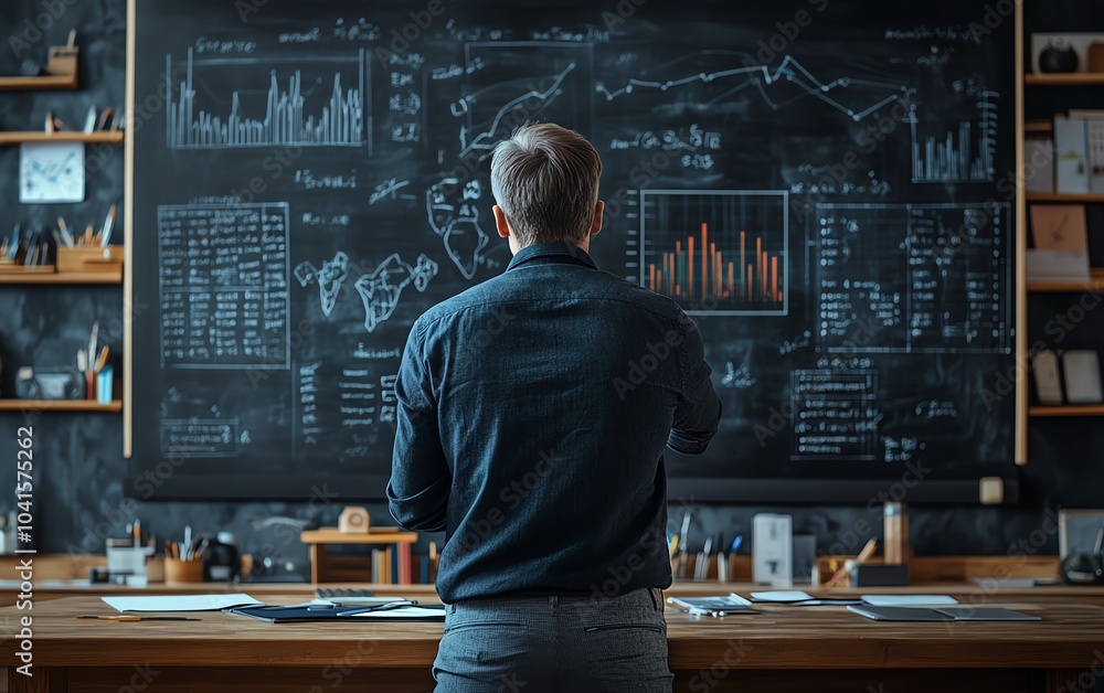 Fototapete 3d rendering of a business professional illustrating key data on a blackboard, featuring charts and 