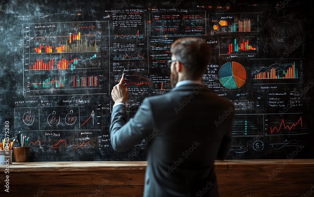 Fototapete 3d rendering of a business professional illustrating key data on a blackboard, featuring charts and 