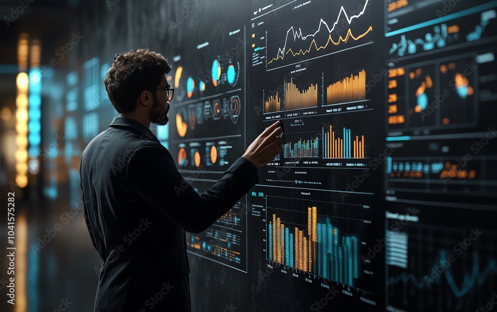 Fototapete 3d rendering of a business professional illustrating key data on a blackboard, featuring charts and 