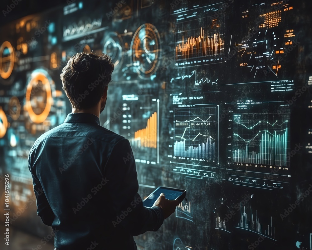 Poster 3d rendering of a businessperson sketching charts and graphs on a blackboard during a presentation, 