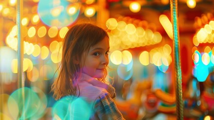 A girl spins on a merrygoround with colorful illustrations of how leptons behave in different energy levels.