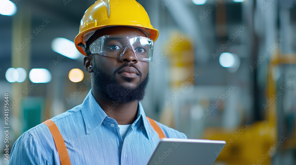 Poster engineer programming automated factory equipment in modern industry