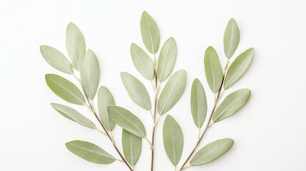 Green Leaves on White Background: Minimalist Floral Design
