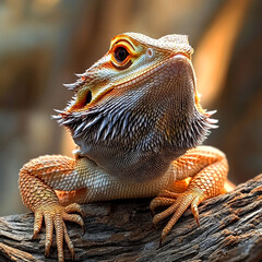 Obraz premium Close-up of a bearded dragon lizard with its head tilted up and a spiky beard.