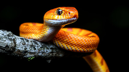 Obraz premium Close-up of a bright orange snake with black stripes, coiled around a branch, against a black background.