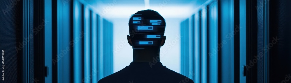 Poster silhouette of a person in a data center with glowing elements representing digital connectivity.