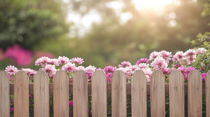 Fototapeta premium Wooden Fence with Pink Flowers in a Summer Garden