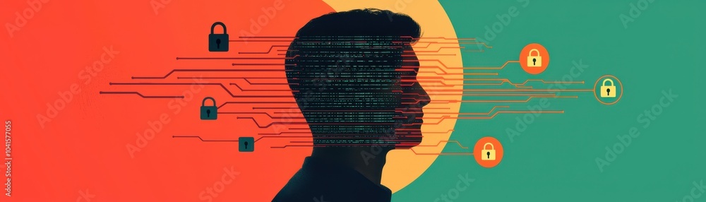 Poster silhouette of a person with digital locks, representing cybersecurity and privacy concepts.
