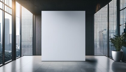 Front view on blank white poster on concrete floor with place for your logo or advertising text on modern office background with grey walls and city view from lattice window. 3D rendering, mock up