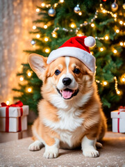Cute smiling corgi puppy in Santa hat sitting with Christmas tree and wrapped gifts in the background