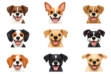 Obraz premium Collection of cartoon style dog faces isolated on white background