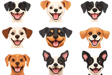 Obraz premium Collection of cartoon style dog faces isolated on white background