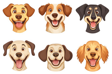 Collection of cartoon style dog faces isolated on white background