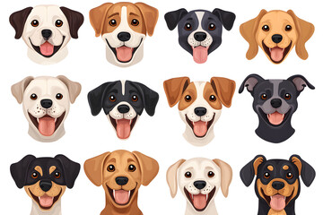Collection of cartoon style dog faces isolated on white background