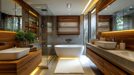 Modern bathroom with wooden accents, a bathtub, a shower, and two sinks.