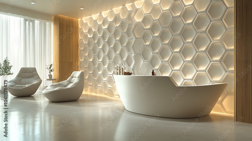 Poster futuristic white tech wall featuring interlocking hexagons with a matte finish creating a sleek and 