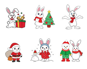 Fototapeta premium Collection of Christmas Rabbit clipart - Christmas Rabbit vector illustration 