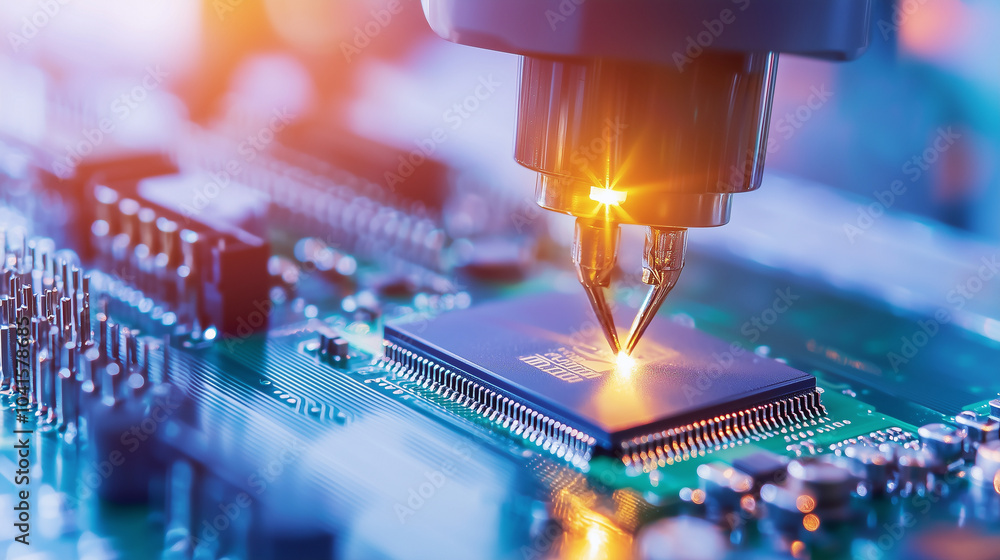 Poster high tech electronics assembly line with robotic arm