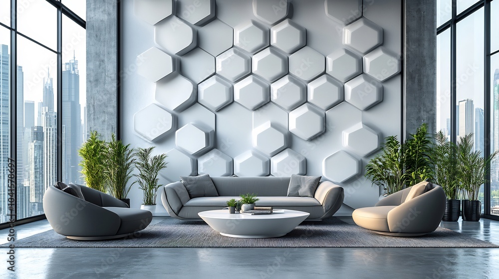 Poster futuristic white tech wall featuring interlocking hexagons with a matte finish creating a sleek and 
