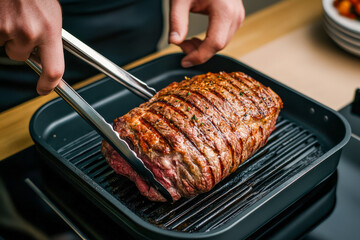 Grilled meat being prepared with kitchen tongs