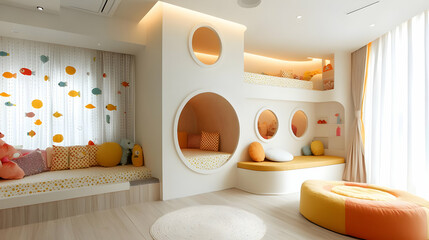 Modern Kids Bedroom Design with Colorful Pillows and Circular Beds