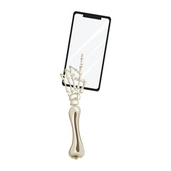 Skeleton hand using a cellphone, creepy Halloween theme, tech and spooky elements combined