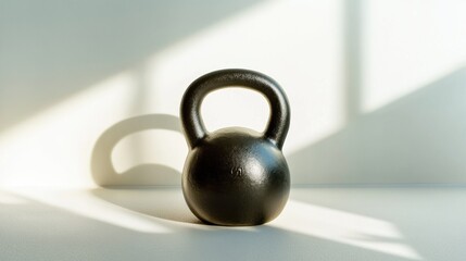 A black kettlebell sits on a flat surface, catching light from a nearby window, perfect for home workouts and fitness routines. Generative AI