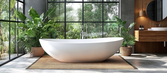 Fototapeta premium Modern bathroom with freestanding bathtub, large windows, wooden countertop, and plants.