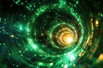 Obraz premium Css. Green Pixel Spiral with Light Glow Effect in Technological Tunnel