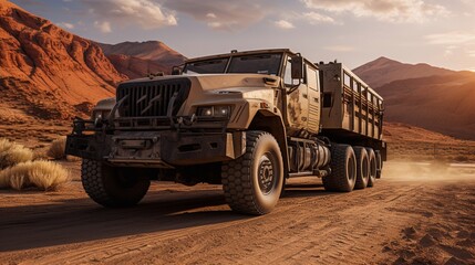 Military patrol car on sunset background. Army war concept. Silhouette of armored vehicle with gun in action. Decorated. Selective focus