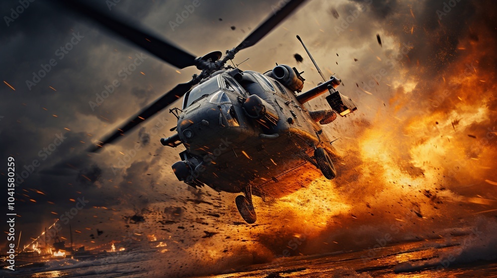 Wall mural war. helicopters on a fiery background, fire flames.