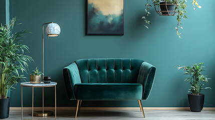 Green Velvet Armchair with Gold Legs in a Room with Plants