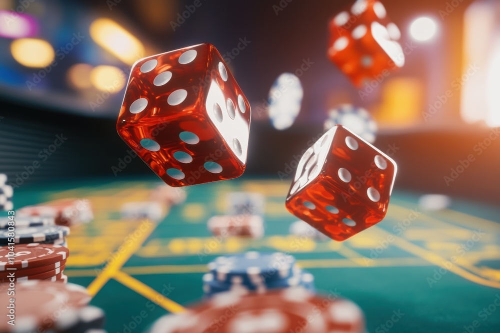 Poster red dice are floating mid-air over a craps table, with colorful chips scattered around, capturing th