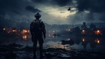 In the Military Staging Base Army Engineer and Soldiers Operate Military Grade Industrial Drone for their Reconnaisance Surveillance Mission Operation. Theater of Operation is in Forest Area.