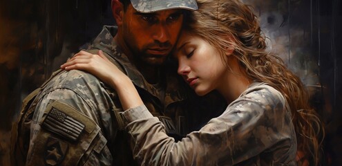 Affectionate military reunion between father and daughter. Emotional military dad embracing his daughter on his homecoming. Army soldier receiving a warm welcome from his child after deployment.