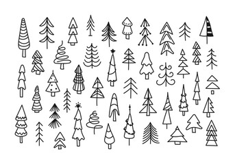 Set of doodle elements with fir trees, spruce, pine. Decorative objects with tinsel, garlands, stars. Hand drawn ink pen clip arts. Simple sketch symbols isolated on a white background. Line art.