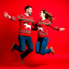 young couple in New Year's clothes, discounts, shopping, gifts