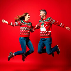 young couple in New Year's clothes, discounts, shopping, gifts