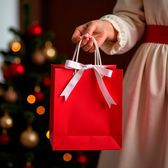 New Year's shopping in a red paper bag in female hands, Christmas