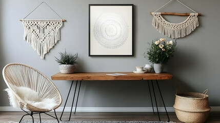 Bohemian Decor with Macrame Wall Hangings and a Wooden Desk