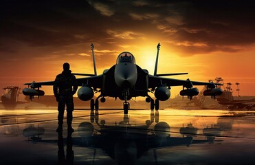 Fighter pilot and supersonic jet on military airbase during sunset