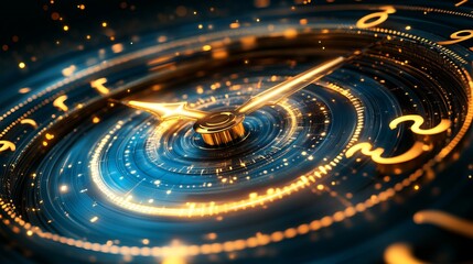 A luminous clock with spiraling numbers creates an abstract 3D illustration, capturing the essence of time and movement. The rotating spiral symbolizes the relentless passage of time