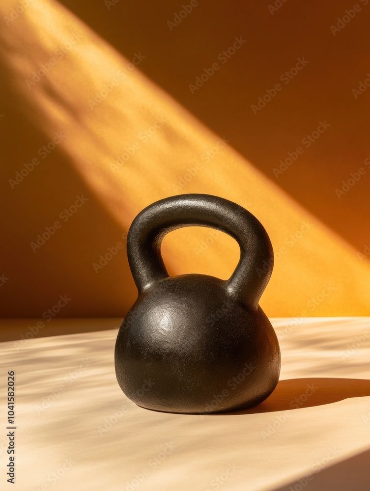 Poster a black kettlebell sits on a light-colored wooden surface, illuminated by warm, soft light creating 